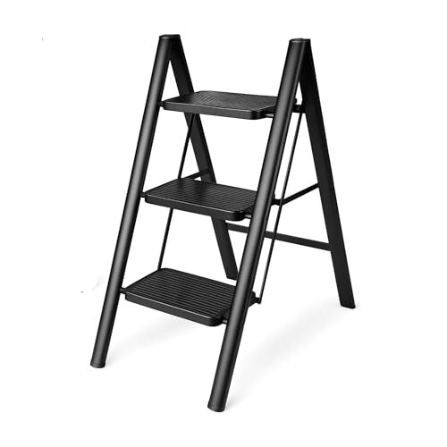 Boniry Compact 3 Step Folding Ladder with Non-Slip Steps | Lightweight & Durable Step Ladder – Black Finish