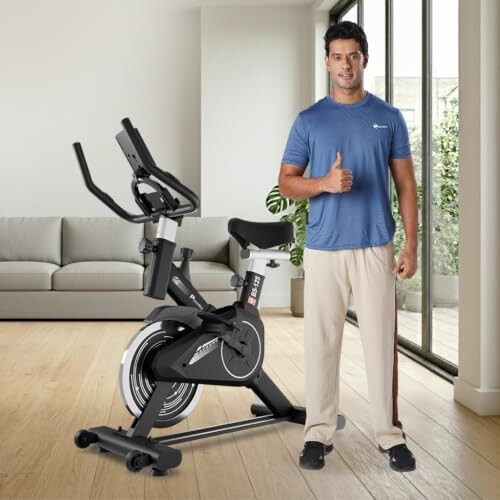 PowerMax Fitness BS-125 Spin Exercise Bike For Home Use,16Mm 6Kg Flywheel,Max User Weight 130Kg,LCD Display,2Pc Crank,Heart Rate Sensor,Knob Braking,Adjustable Foot Strap And Seat,Ipad Holder,Black