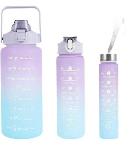 TEKCOOL Water Bottle - 3Pcs 2L,750ml & 300ml Light-weight, Leak-proof, BPA-free Motivational Water Bottle Sipper, Time Marker & Mobile Holder for Online Gym Kids,Adults Office (Purple Blue) Plastic