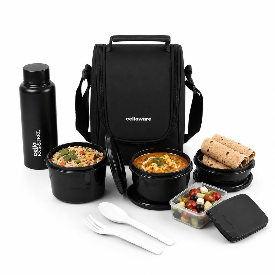CELLO MF All In One Lunch Box with Bag for Office Use, Black | 225ml, 375ml, 550ml Microwave Safe Containers, 