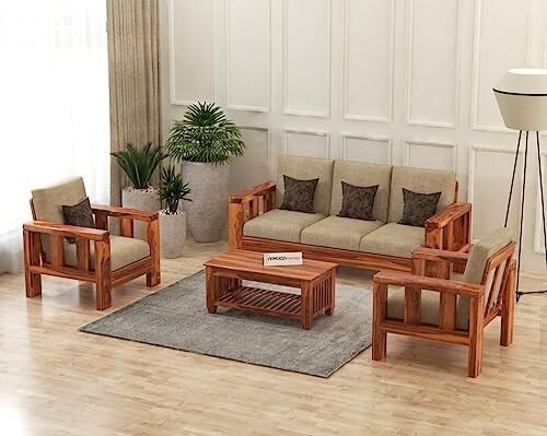 Solid Sheesham Wooden 5 Seater Sofa Set for Living Room Furniture - Chocolate Brown Finish (3+1+1)