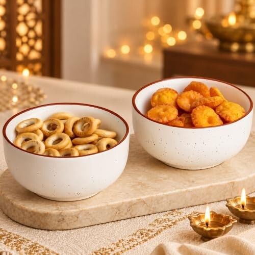The Earth Store White Marble Ceramic Snack Bowls Set of 2 for Serving Pasta, Noodle, Maggi, Cereal Microwave Safe Salad Bowl, Mixing Bowl for Snacks