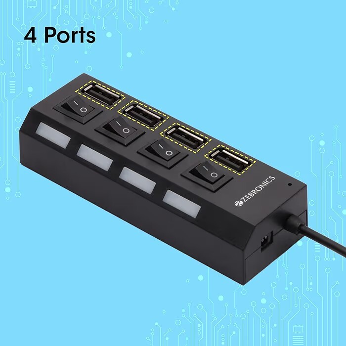 ZEBRONICS 150Hb 4 Port USB Hub with Dedicated On/Off Switch, Led Indicators, 45Cm Cable Length