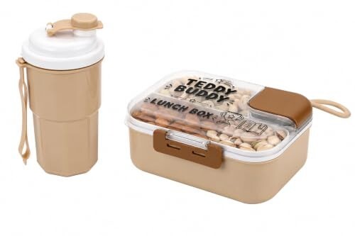 RANIC Teddy Buddy Lunch Box and Bottle Set | Kids & Adults Food Storage Container with Water Bottle | Leak-Proof, BPA-Free Lunch Kit for School, Office & Travel (Brown)