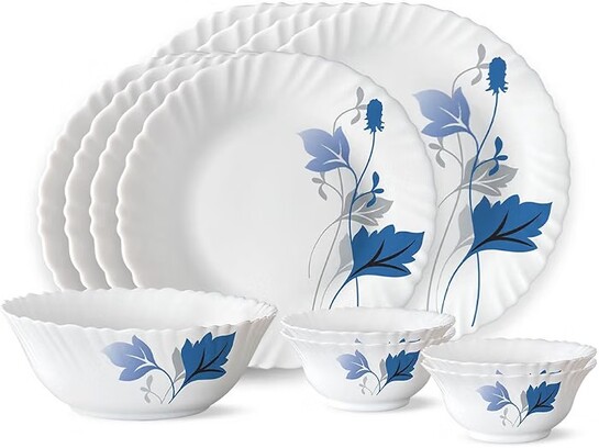 Larah by Borosil Fluted Series Ageria Opalware Dinner Set | 13 Piece for Family of 4 | Microwave & Dishwasher Safe