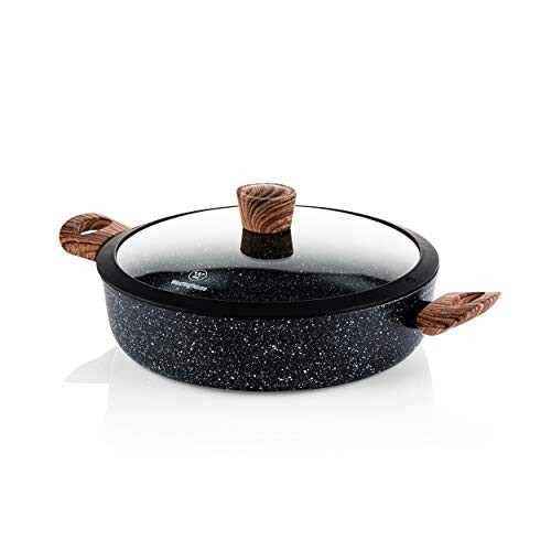 Westinghouse Black Marble Wooden Series 3-Layer Non-Stick Low Casserole | Forged Aluminium + Glass Lid, Induction & Dishwasher Safe | Ideal for Gravies, Stews & One-Pot Meals | (28 cm)