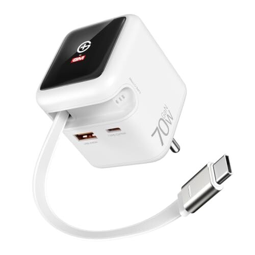 GM G+ DisplayPulse 70W GaN Charger, 3 Ports: USB-C&A,80cm Retractable Cable |TFT Floating UI Display|Travel Friendly| MacBook Air-M4, DSLR, iPhone 12-18 Duo,Smartphones,Tablet|1 Year Warranty