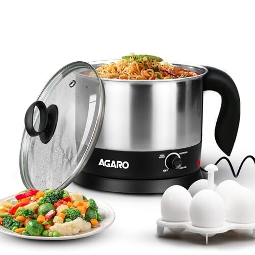 AGARO Esteem Electric Multipurpose Kettle 1.2L, 600W, with Stainless Steel Body, Egg Rack, Grill Rack, 3 Heating Modes & Rapid Boil Technology, Boiling Water, Tea, Coffee, Oats, Noodle, Soup, Black