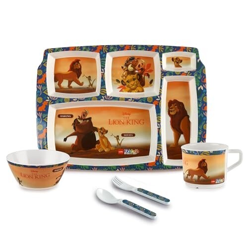 CELLO Kidzbee Melamine Pentameal Meal Set for Kids 5 Pieces Orange | Attractive Lion King Design, Non-Toxic Dishwasher Safe Compartments Plate Bowl Mug Spoon and Fork Set for Toddler Kids Boys Girls