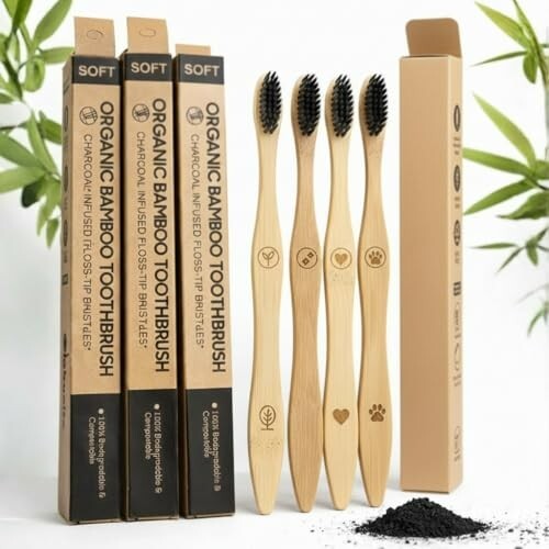 TRESSENCE Organic Bamboo Toothbrush, Soft Bristles, Pack of 4
