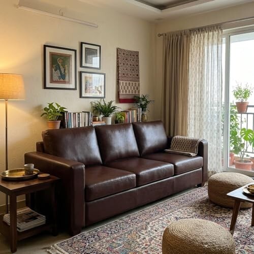 FURNY Harloy 3 Seater Leatherette Sofa Set (Warm Brown) in Premium Finish | Durable Comfort | Ideal for Living Room
