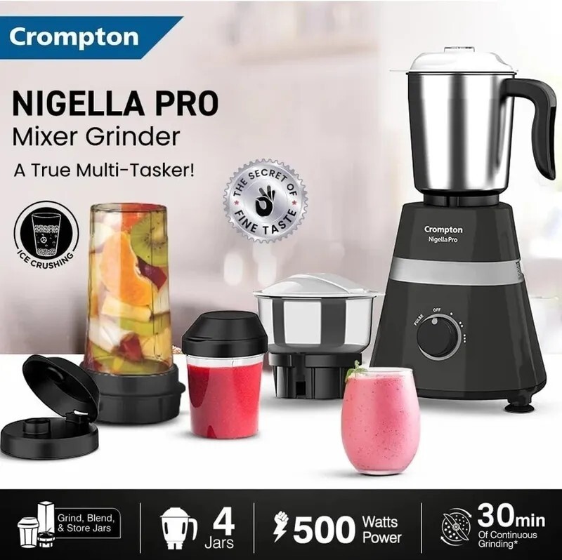 Crompton LIFE ACTIVE SERIES NIGELLA PRO 500 W Mixer Grinder (ACGM-NIGELLA PRO | 4 Jars | Black)