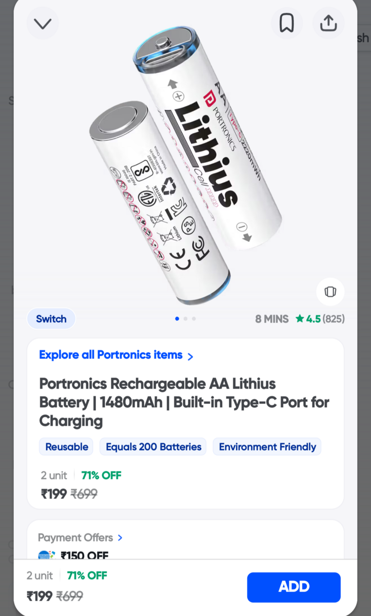Instamart: Portronics Rechargeable AA Lithius Battery | 1480mAh | Built ...