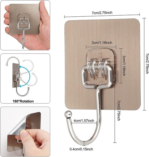 10 Pcs Heavy Duty Adhesive Wall Hooks – Waterproof Stainless Steel Stick On Hooks for Towel, Coat & Kitchen Storage – Damage-Free Wall Hangers for Bathroom, Home, and Office Organization