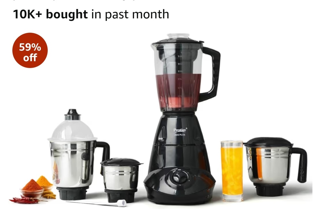 Prestige Iris 750 Watt Mixer Grinder with 4 Jars (3 Stainless Steel + 1 Juicer) 