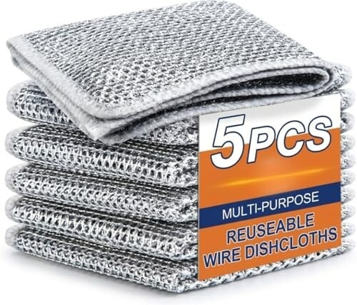 (5 Pack) Non-Scratch Dish Wash Cloth, Steel Wire Dish Cloth, Wire Dishwashing Rags Stainless Steel Scrubber Non-Scratch Wire Dishcloth for Washing Dishes Sinks Counters