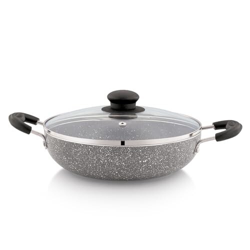 Amazon Solimo Non-Stick Kadai with Glass Lid | Granite Finish | Induction Base | PFOA Free | High Temperature Resistant Exterior Coating | 22 cm | Grey