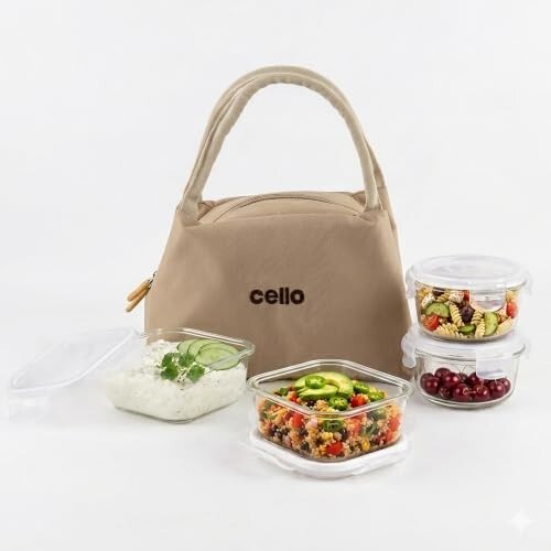 CELLO Alba Glass Lunch Box with Bag for Office Use, Beige | 2 x 320ml Square + 2 x 240ml Round Microwave Safe Containers with Spoon & Fork