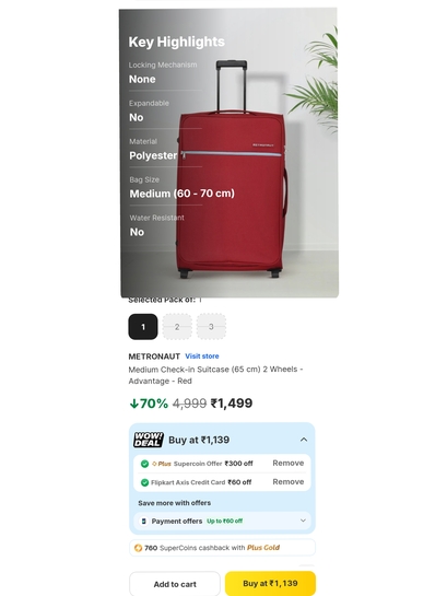 [760 S Coins 300 S Coin+ Axis CC] @ 380 Metronaut Medium Suitcase — 4.1, 19K+ Ratings
