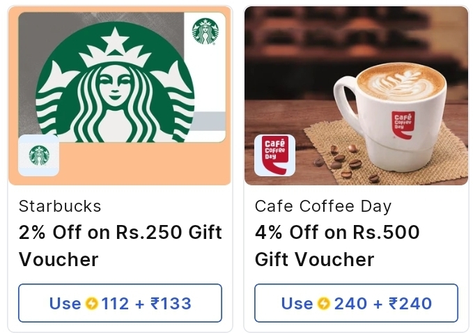 Supercoins- Starbucks & Cafe coffee day gv at 52% off using supercoins+extra discount 
