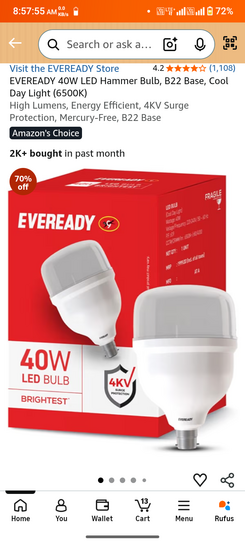 EVEREADY 40W LED Hammer Bulb, B22 Base, Cool Day Light (6500K)