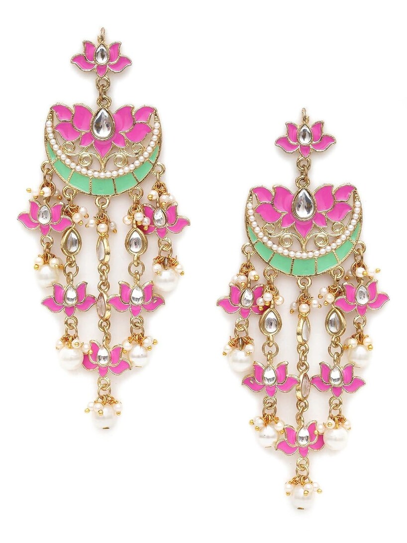 Karatcart Gold Plated Pink Meena Lotus Design Kundan Dangler Earrings for Women