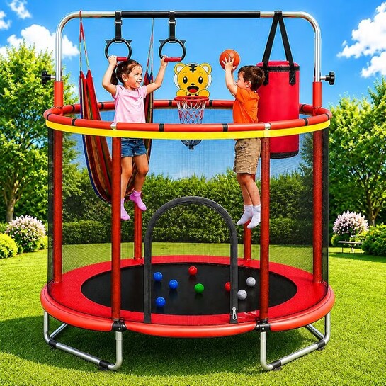 Toy Imagine 55-Inch Kids Trampoline with Safety Enclosure Net, Swing, Gymnastic Rings, Punching Bag, Basketball Hoop & Balls, Indoor Outdoor Activity Trampoline for Boys and Girls Ages 3+