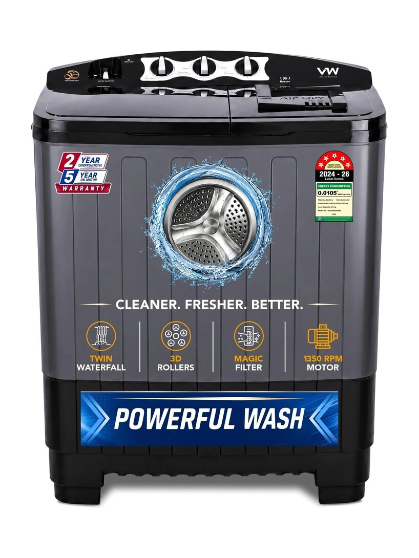 VW 8 kg Semi Automatic Top Load Black