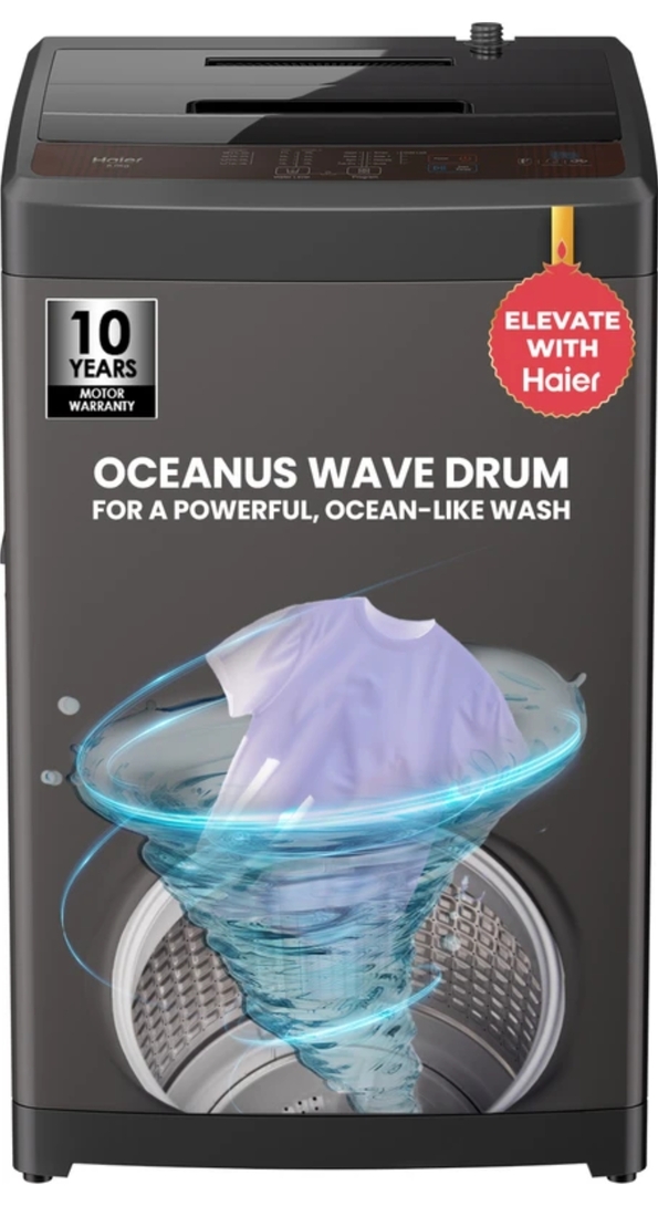 Haier 8 kg Oceanus Wave Steel Drum, Balance Clean Pulsator, Custom Wash Cycles with 15 Mins Quick Wash, Magic Filter Fully Automatic Top Load Grey, Black on Flipkart