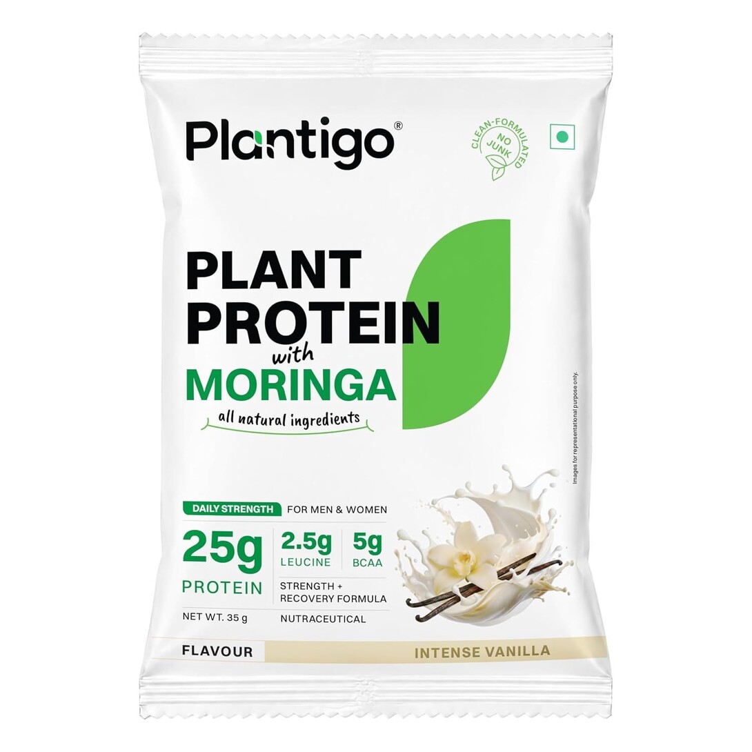 Plantigo Plant Protein Powder with Moringa Superfood | 25g Protein, 5g BCAA, 2.5g Leucine, Digestive Enzymes | 3rd Party Lab Tested | Intense Vanilla Flavor - Travel Pouch