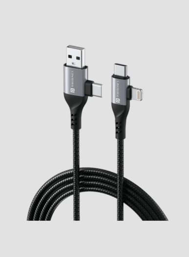 Portronics 4-in-1 Cable 3 A 1 m Konnect 4 IN 1 Multi Functional with Nylon Braided Fast for Android, iOS Devices (Compatible with Smartphones, Tablet, Laptop, Macbook, Black, One Cable, NA)