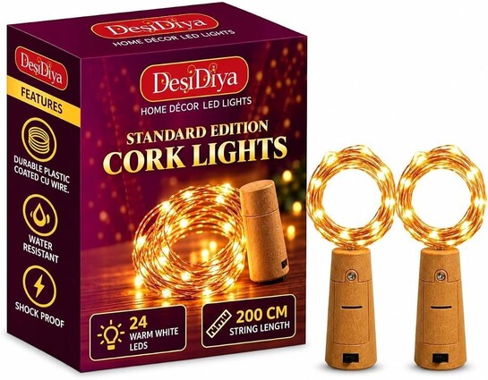 Pack Of 2 - Desidiya® Bottle Lights with Cork, Mini Copper Wire, 24 LED Battery Operated String Decorative 200cm Fairy Light DIY Festive Decor for Diwali Wedding Party Decoration - Pack of 2 (Warm White)