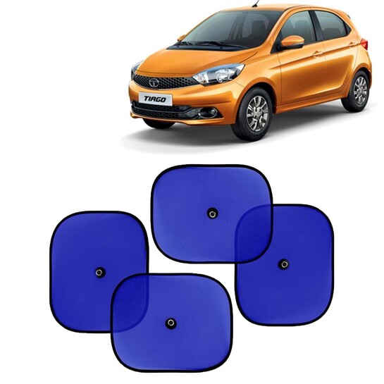 KINGSWAY Car Window Curtain Sticky Sun Shades Compatible with Tata Tiago, (Year 2020 Onwards), Universal Fit Sunshades for Side Window, Rear Window, Blue Color, 4 Pieces