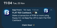 Bajaj Finserv -  Flat Rs 20 on transaction of Rs 199 using Rupay CC via Bajaj Upi
