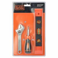 200 only - BLACK+DECKER BD75919 3-Piece TOOLKIT, Includes 1 ADJUSTABLE WRENCH - 6 Inch, 1 TORPEDO LEVEL with Magnetic Base, 1 SCREWDRIVER with 7 Bits in Chrome Vanadium Steel, Orange and Black