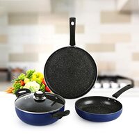 Cello Regal 3 Piece Cookware SetInduction and Gas CompatibleMetallic Blue | Dosa TawaFry Pan and Kadhai Set | Cookware Set for Kitchen