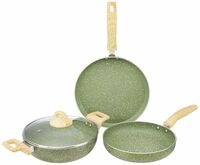 amazon basics Granite Finish Aluminium Non-Stick Cookware Set | Set of 3 | Induction Base | 24cm Fry Pan24 cm Kadai28cm Tawa| Olive Green