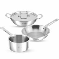 Lifelong Triply Kadai, Frypan & Saucepan for Cooking | Stainless Steel 22 cm Kadai & Fry Pan 22 cm with Stainless Steel Lid | 16 cm Sauce Pan | Induction Bottom & Gas Stove Cookware (Silver, LLTP3PCS)