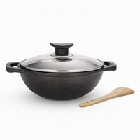 Lifelong Cast Iron Kadhai 24cm with Glass Lid & Wooden Spatula | 3.3L, 2.4kg | Pre-Seasoned, Even Heat Distribution, Toxin & Teflon Free, Non-Stick, & Durable | Perfect for Cooking, Searing & Stewing