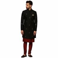 KISAH Men's Navy Blue and Black Indo-Western Kurta Sherwani Churidar Set Cotton Full Sleaves, Knee Length, Straight, Regular Fit, Mandarin Collar Ethnic wear