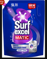 Surf Excel Matic Front Load Liquid Detergent 5L Refill Pouch, Specially designed to remove Tough Dried Stains, 1st time in Washing Machine