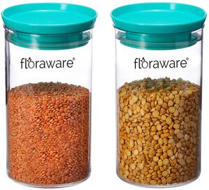 Floraware Plastic Air Tight BPA Free Stackable Round Push Multipurpose Containers For Kitchen Organizer 1400ml for Rice Dal Flour Snacks Cereals Pack of 2 (Sea Green)