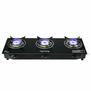 Lifelong Black Toughened Glass Top Manual 3 Burner Gas Stove