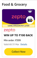 zepto - 50 back on 99 /100 back on 399 using apay