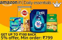 [user specific] extra 5 percent cashback (up to 100 rupees) on "Daily Essentials Shopping" orders above 799 rupees (offer period 02-Mar-2026 to 31-Mar-2026)