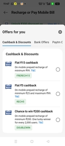 flat Rs 15 Cashback on successful Mobile Recharge of Rs 99