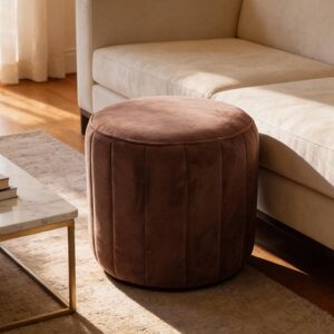 Round Velvet Ottoman Footstool | Pink Channel Tufted Pouf | Upholstered Ottoman Seating for Living Room Bedroom Home Decor