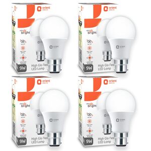Orient Electric 9W High Glow LED bulb| 180-degree wide beam angle| Voltage surge protection up to 4 kV| 6500K, Cool White| B22d base| Pack of 4