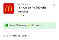 Flipkart: ₹250 worth Mcdonald's value club gift voucher for free using 218 Supercoins