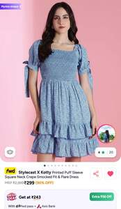 Stylecast X Kotty Printed Puff Sleeve Square Neck Crepe Smocked Fit & Flare Dress